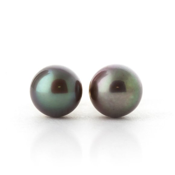 14K. SOLID GOLD STUD EARRINGS WITH BLACK PEARLS - Picture 5 of 8